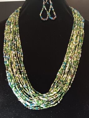Multi-Strand Green Beaded Necklace and Earring Set by